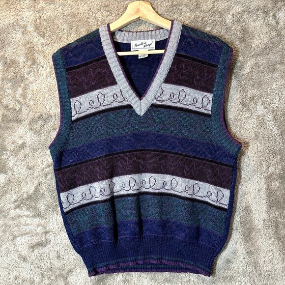 Vintage 80s Hunters Ridge Sweater Vest L Large Men's Blue Gray Purple Stripe - Picture 1 of 6